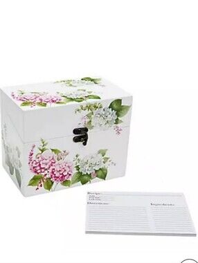 Temp-tations Nostalgic Wood Recipe Box Pink Hydrangeas With Recipe Cards